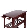 38 Inch Handcrafted Rubberwood Kitchen Island Bar Cart; Knife Holder; Folding Frame; 2 Slatted Shelves; Cocoa Red