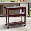 38 Inch Handcrafted Rubberwood Kitchen Island Bar Cart; Knife Holder; Folding Frame; 2 Slatted Shelves; Cocoa Red