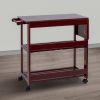 38 Inch Handcrafted Rubberwood Kitchen Island Bar Cart; Knife Holder; Folding Frame; 2 Slatted Shelves; Cocoa Red